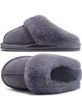 Womens Dark Grey Cozy Memory Comfy Winter Scuff Indoor Outdoor Rubber Hard Sole